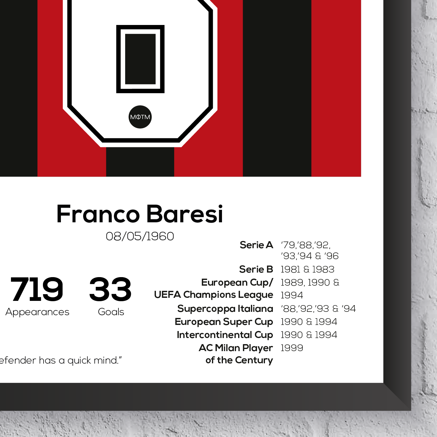 Franco Baresi Legend Stats Football Print