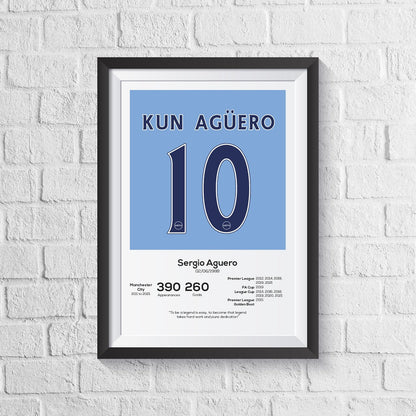 Sergio Aguero Manchester City Legend Stats Print - Man of The Match Football