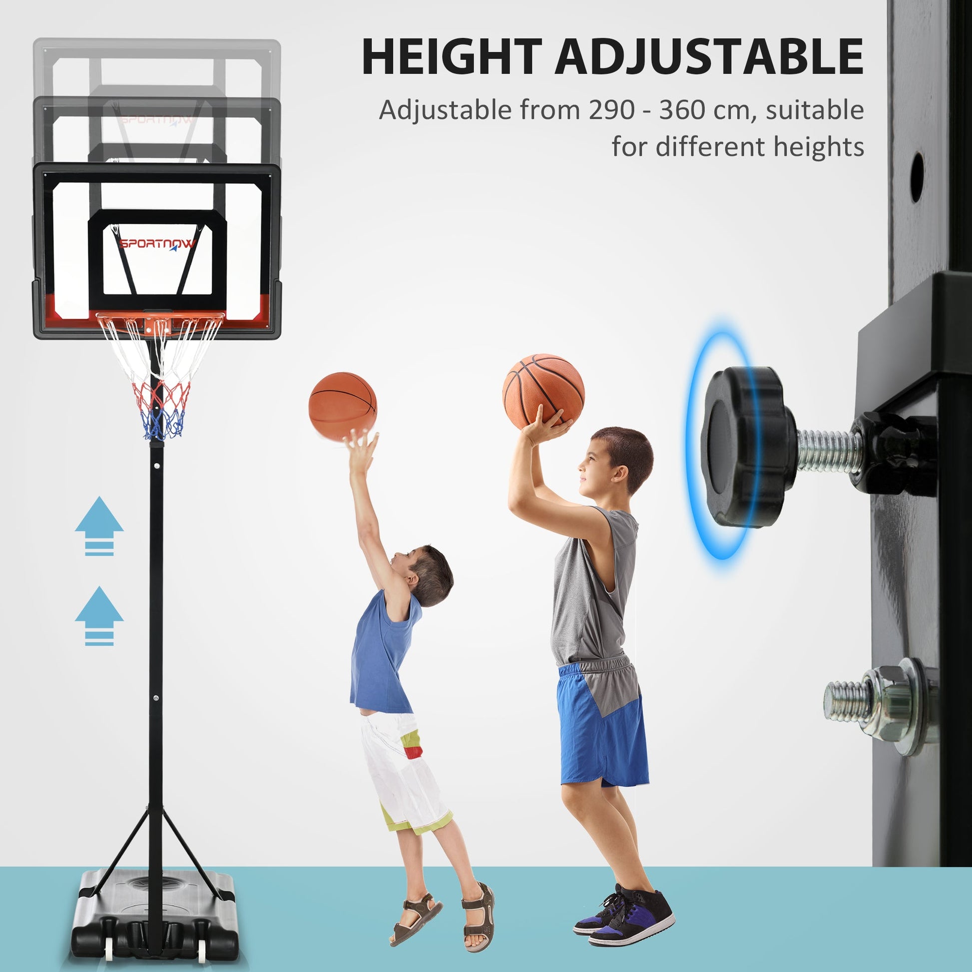 2.1-2.6m Adjustable Basketball Hoop and Basketball Stand w/ Sturdy Backboard and Weighted Base, Portable on Wheels-3