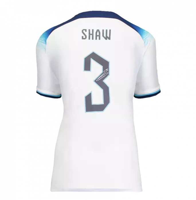 Luke Shaw Back Signed England 2022 Home Shirt with Fan Style Numbers In Deluxe Packaging