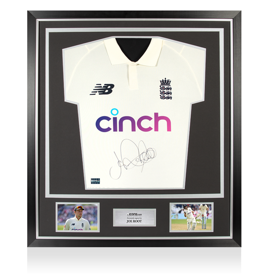 Joe Root Front Signed White England Test Cricket Shirt In Classic Frame